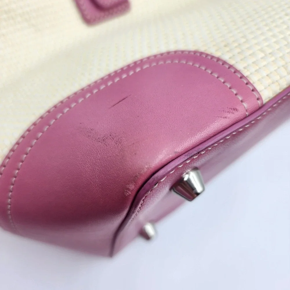 Y2K Coach Woven Straw Tote Bag Pink Leather Trim Buckle Preppy Shoulder Purse